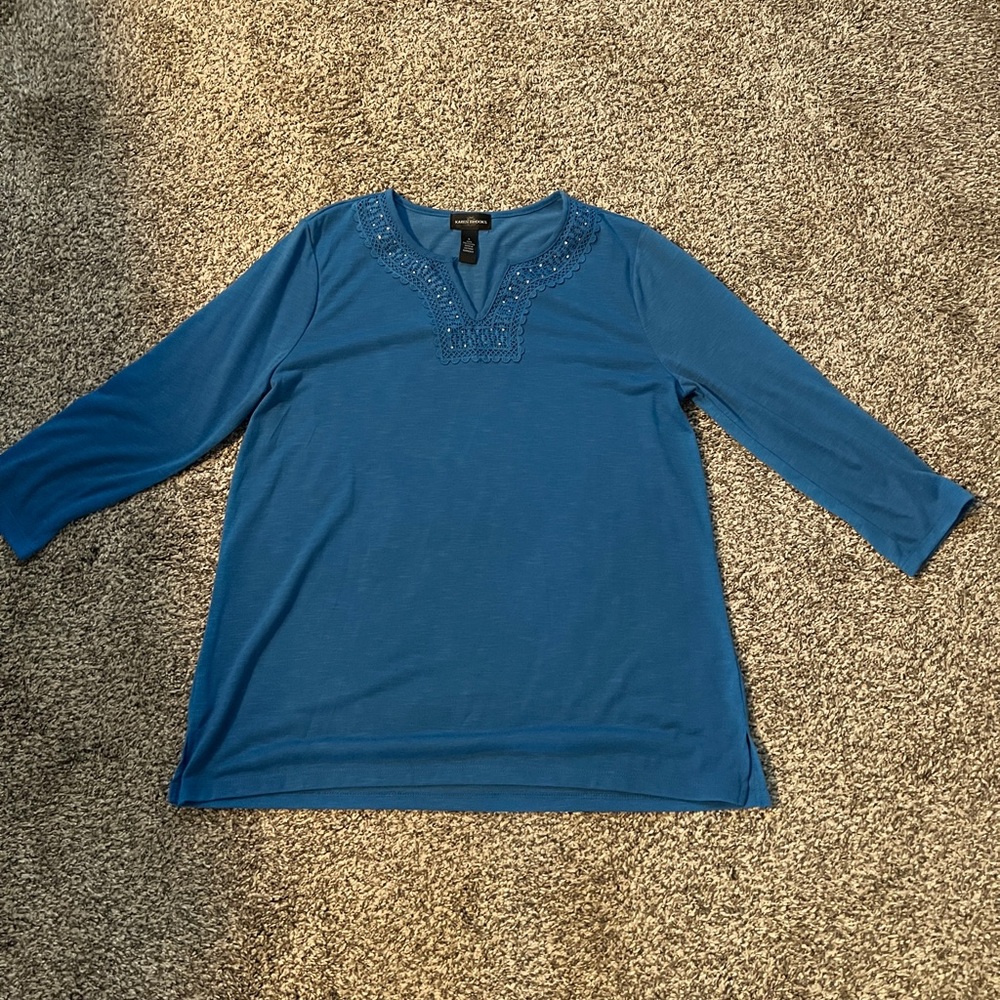 Karen Brooks Blue 3/4 Sleeve Polo Tunic with Embellishments